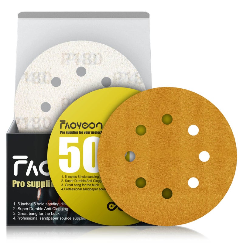 Faoyoon 5 Inch Sanding Discs Hook and Loop | 180 Grit Sandpaper | Orbital Sander Pads | Sand Paper for Automotive and Woodworking | 50 Pack - Image 1